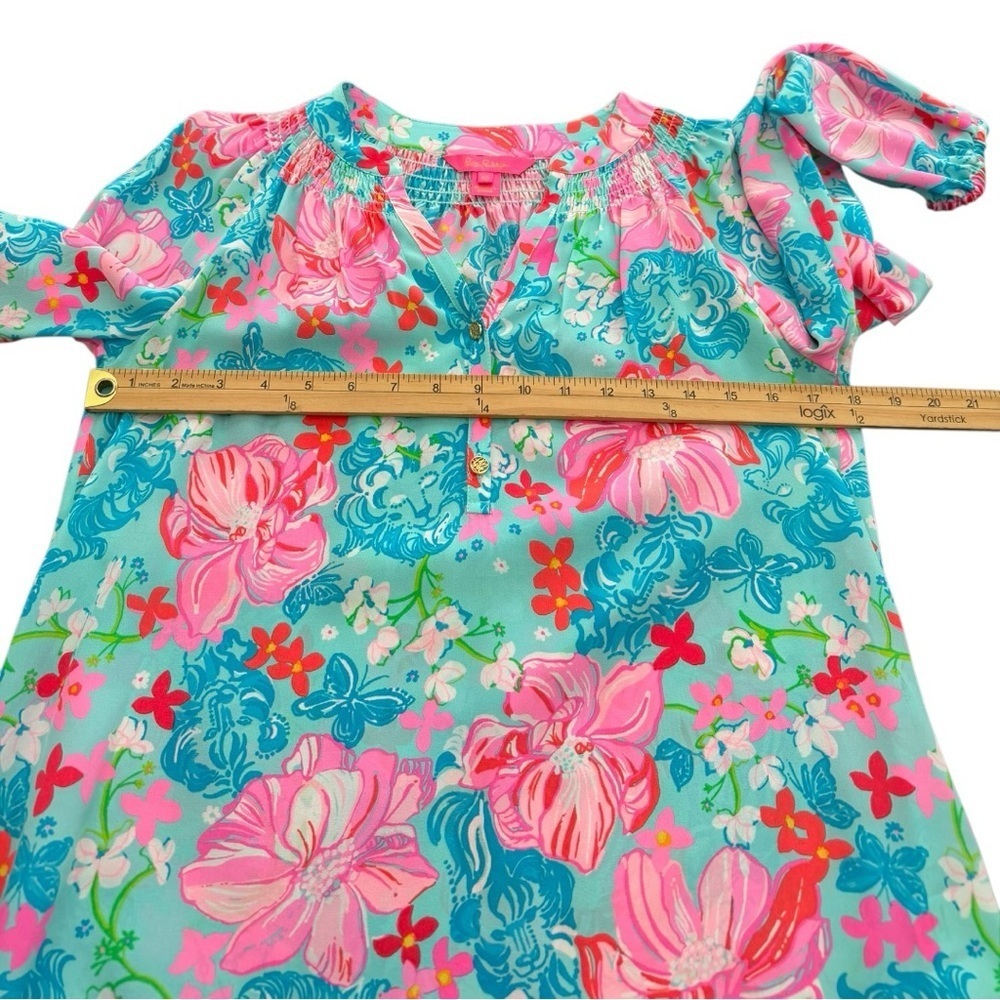 Lilly Pulitzer Elsa Silk Top Surf Blue Luscious Lions Floral Blouse XS - Picture 11 of 11